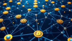 Photorealistic visualization of interconnected blockchain nodes forming a distributed network architecture, golden Bitcoin symbols floating through digital pathways, representing decentralized computing infrastructure without any text or labels