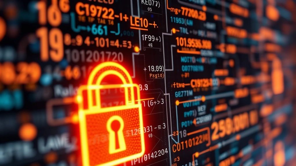 Detailed close-up of cryptographic algorithms and mathematical formulas rendered as glowing digital structures, showing security layers and encryption mechanisms in a abstract technological environment, no text visible