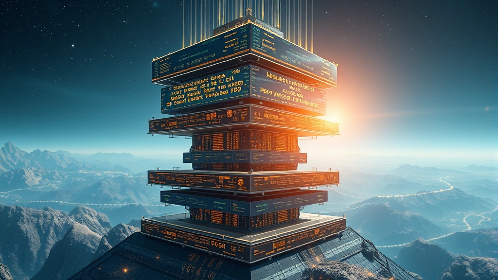 Futuristic digital landscape showing multiple layers of blockchain technology stacked vertically, with data flowing between layers through transparent conduits, representing Layer 2 scaling solutions and sidechains in a photorealistic style
