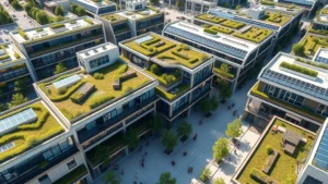 Aerial view of modern sustainable buildings with green spaces and solar panels integrated throughout, cryptocurrency symbols subtly visible in architectural design, bustling community areas with people collaborating, photorealistic daytime scene