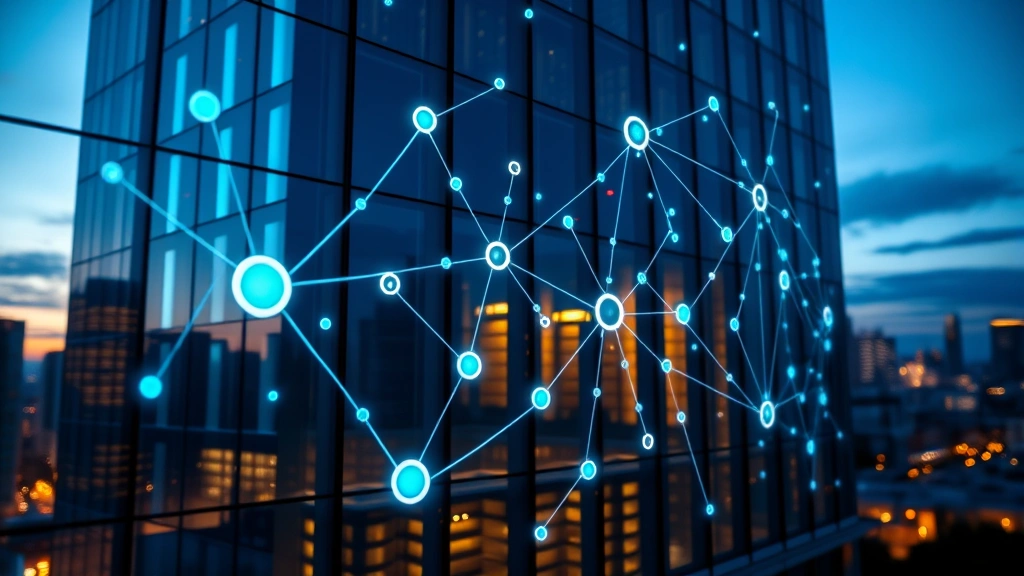 Close-up of blockchain network visualization projected on modern glass building facade at dusk, glowing nodes and connections representing distributed ledger technology, urban skyline in background, photorealistic lighting