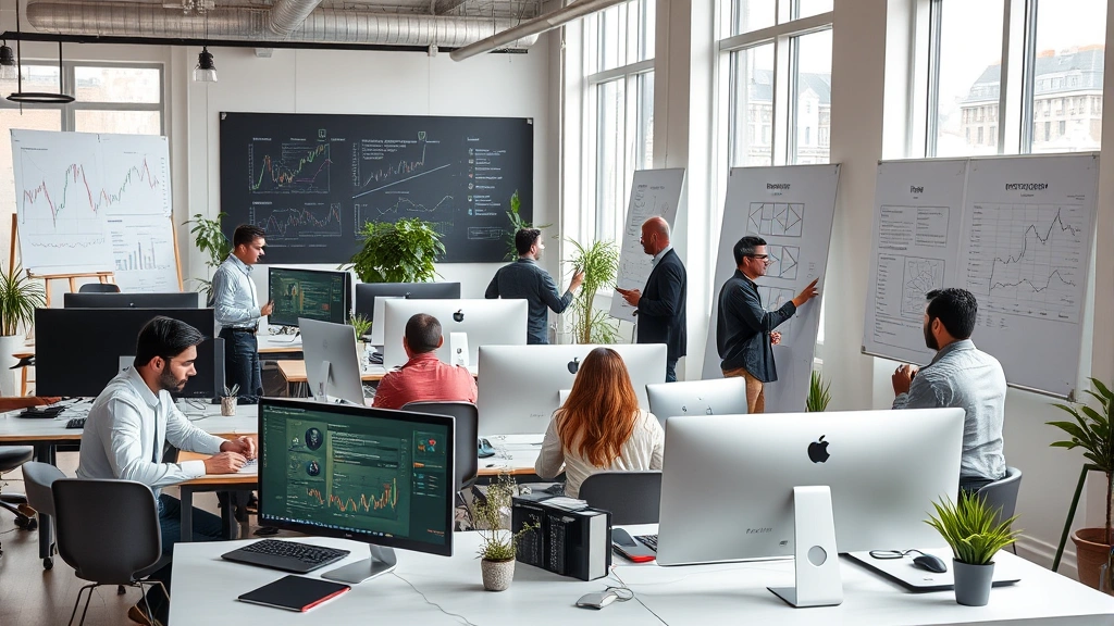 Interior modern coworking space with collaborative teams working on computers and whiteboards, cryptocurrency charts and blockchain diagrams on walls, natural lighting through large windows, diverse professionals engaged in discussion