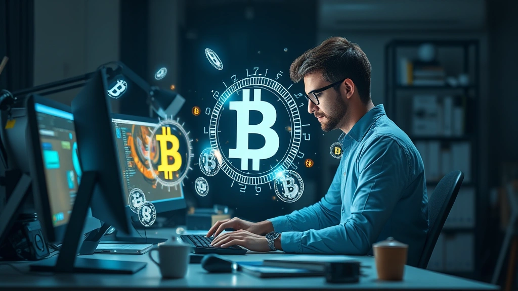 Photorealistic image of a digital artist working at a modern workstation with holographic cryptocurrency symbols floating in the air around them, representing the intersection of art and blockchain technology