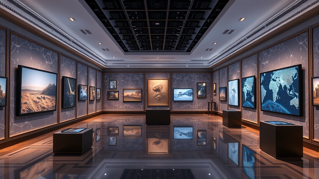 Photorealistic image of a luxury gallery space displaying digital artwork on high-end screens with subtle blockchain network visualizations in the background, showing institutional adoption of crypto-art
