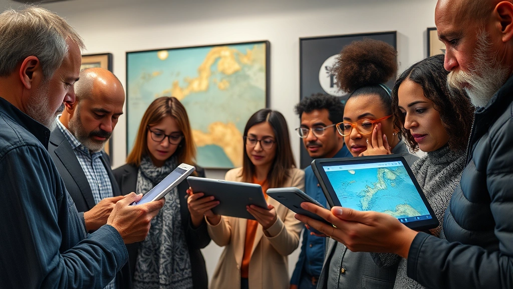 Photorealistic image of a diverse group of art collectors examining digital portfolios on tablets and screens, cryptocurrency wallets visible, representing the global democratization of art market access through blockchain