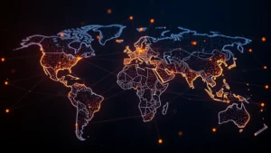 Futuristic digital visualization of interconnected blockchain nodes forming a global network, representing international Bitcoin policy coordination and regulatory frameworks across continents with flowing light particles
