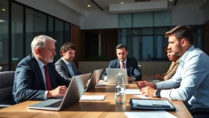 Professional policy experts in a modern conference room discussing blockchain regulation with laptops and regulatory documents, serious analytical atmosphere, natural lighting