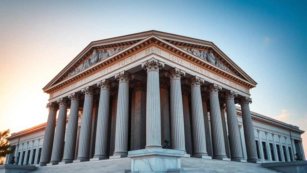 Professional photograph of a modern government building's marble columns and architecture at sunrise, representing regulatory institutions and policy frameworks, photorealistic style