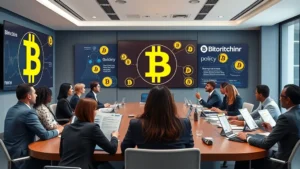 Photorealistic image of a modern conference room with Bitcoin symbols on large screens, diverse professionals in business attire discussing policy documents and blockchain technology, professional lighting, corporate setting