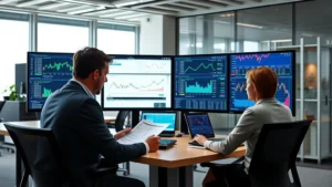 Professional financial analysts reviewing policy documents and cryptocurrency market data on multiple monitors in a modern research institute office setting, showing charts and regulatory frameworks on screens