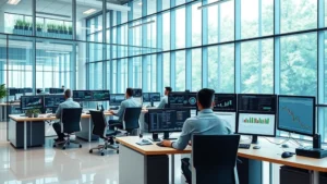 Photorealistic image of a modern policy research institute with glass walls and collaborative workspaces, showing professionals analyzing blockchain data on multiple monitors in a contemporary office setting with natural light