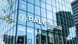 Modern glass building representing financial policy institute, professional architecture with cryptocurrency symbols subtly integrated into building design, daylight, urban setting, corporate environment