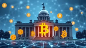 Digital representation of government buildings and Bitcoin symbols merging together, showing policy influence on cryptocurrency markets, modern financial visualization, blockchain network patterns in background, photorealistic style
