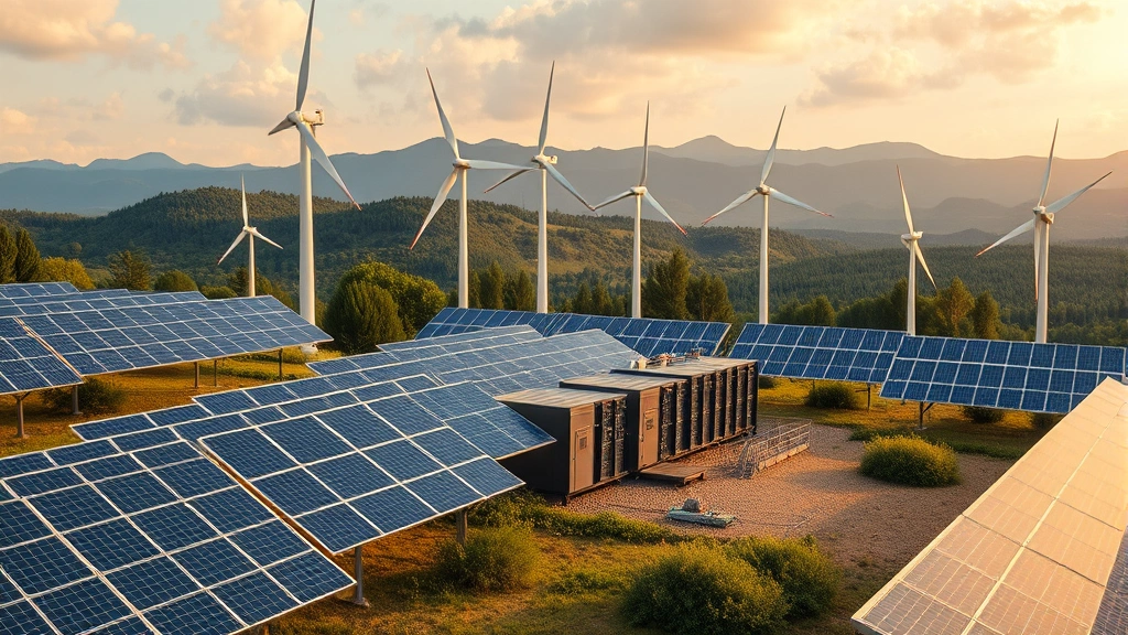 Sustainable renewable energy installation with solar panels and wind turbines powering a cryptocurrency mining facility, showcasing the intersection of environmental policy and Bitcoin mining operations