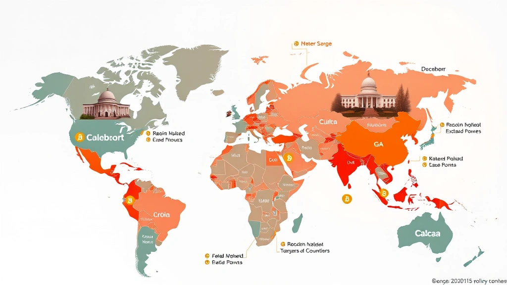 Global regulatory map visualization showing different Bitcoin policy approaches across countries with government buildings and digital elements blended together