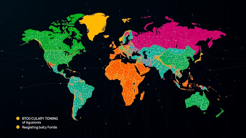Bitcoin network visualization showing global mining nodes and regulatory zones highlighted in different colors, representing policy divergence across continents with blockchain infrastructure