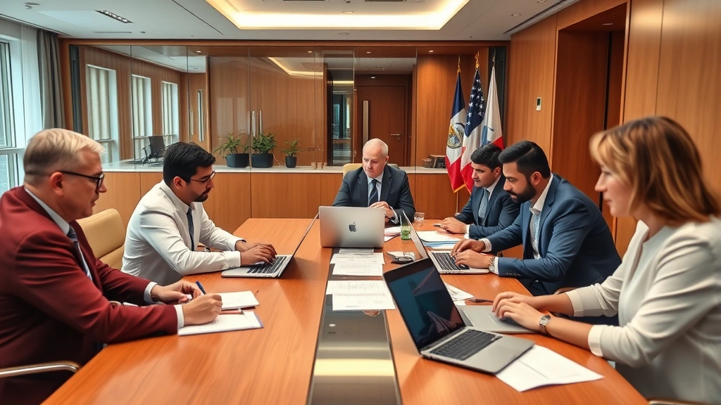 International regulatory agency office with diverse government officials reviewing digital asset compliance frameworks, laptops and documents on table, professional government building interior, serious discussion