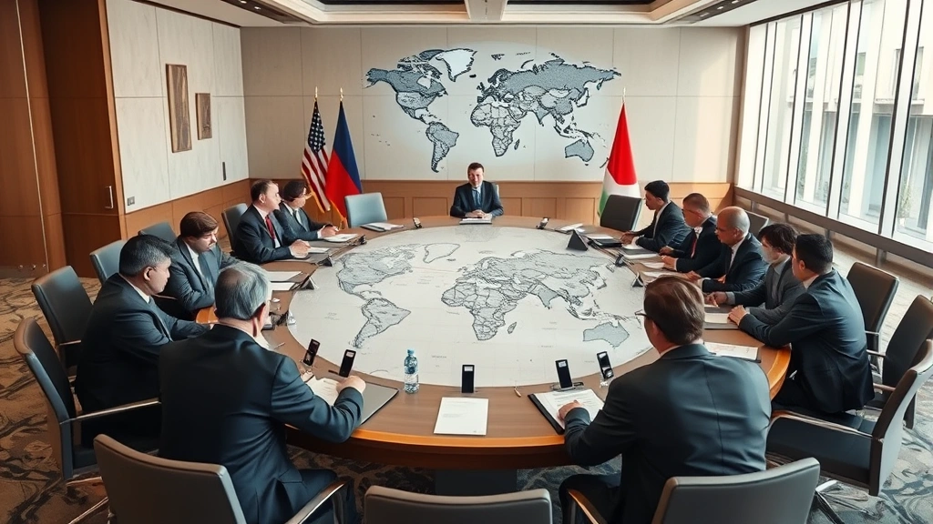 Photorealistic photograph of an international conference room where government officials, blockchain experts, and policy advisors sit around a large table discussing regulatory frameworks, with world maps and policy documents visible