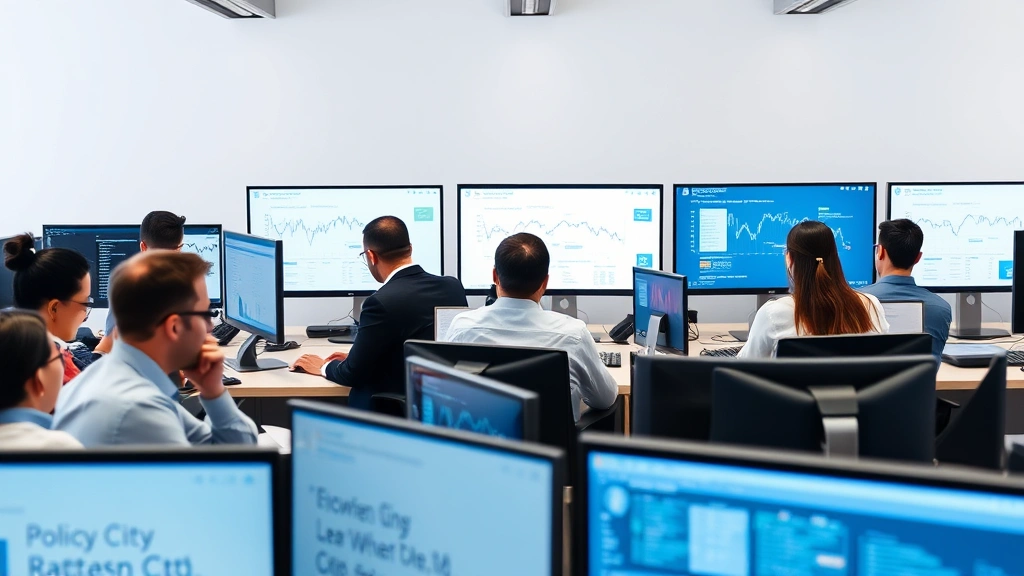 Diverse team of policy analysts working at desks with multiple computer monitors displaying regulatory data and blockchain networks, collaborative office environment, professional attire, focused work atmosphere