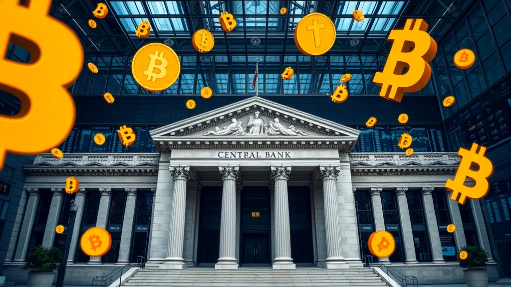 Central bank headquarters building with cryptocurrency symbols floating around it, representing monetary policy impact on Bitcoin, professional financial environment, trading screens visible in background, realistic architectural photography
