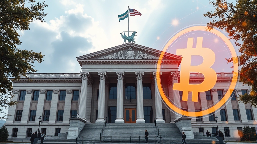 Photorealistic image of a government building with digital Bitcoin elements overlaid, representing policy and regulation intersection, modern architecture with technology themes, professional atmosphere
