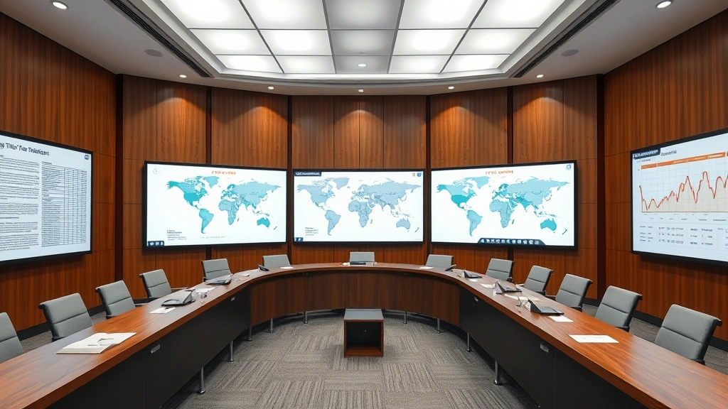 Professional policy meeting room with screens displaying regulatory documents, world maps, and cryptocurrency data, representing institutional policy analysis and decision-making processes