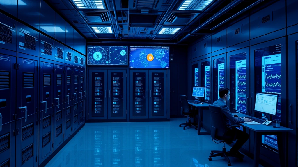 Institutional Bitcoin custody facility with secure vaults, blockchain network visualization on screens, compliance officers working, high-tech security environment