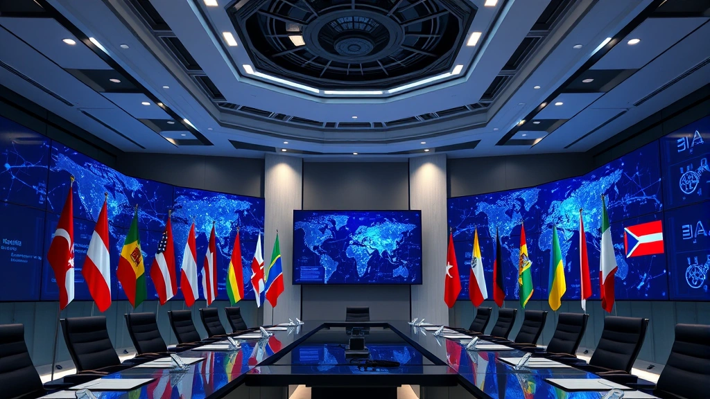International flags displayed in a modern conference room with blockchain network visualization on screens, representing global regulatory coordination and cryptocurrency policy, photorealistic style