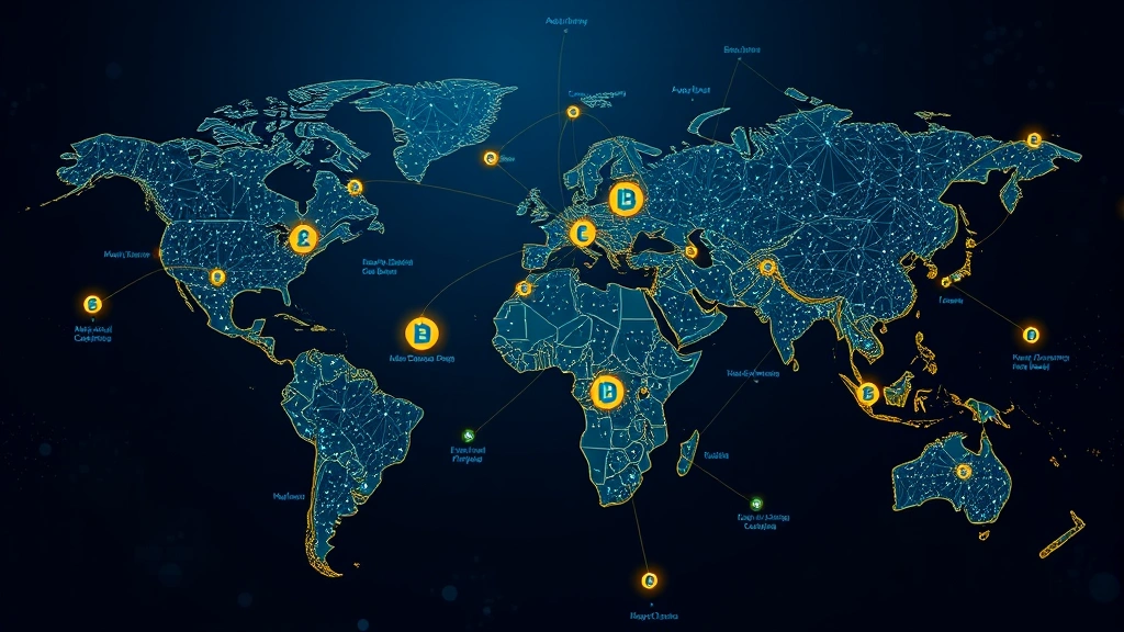 Global financial institutions and blockchain technology integration visualization showing interconnected networks, digital currency flows, regulatory checkpoints, and international cooperation between different countries