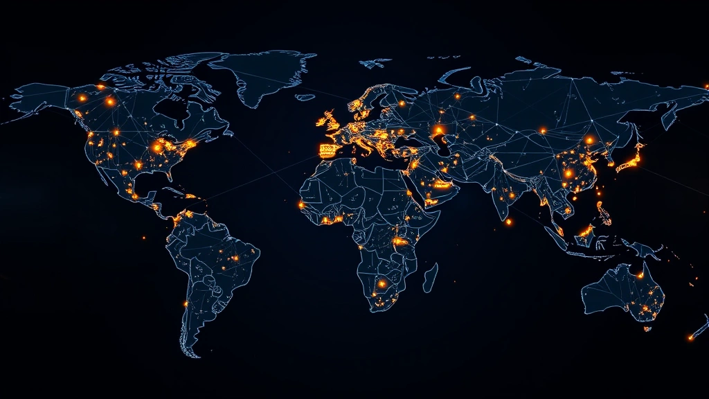 Global regulatory network visualization showing interconnected nodes across world map, blockchain nodes glowing, representing international Bitcoin policy coordination, abstract technology aesthetic, digital art style