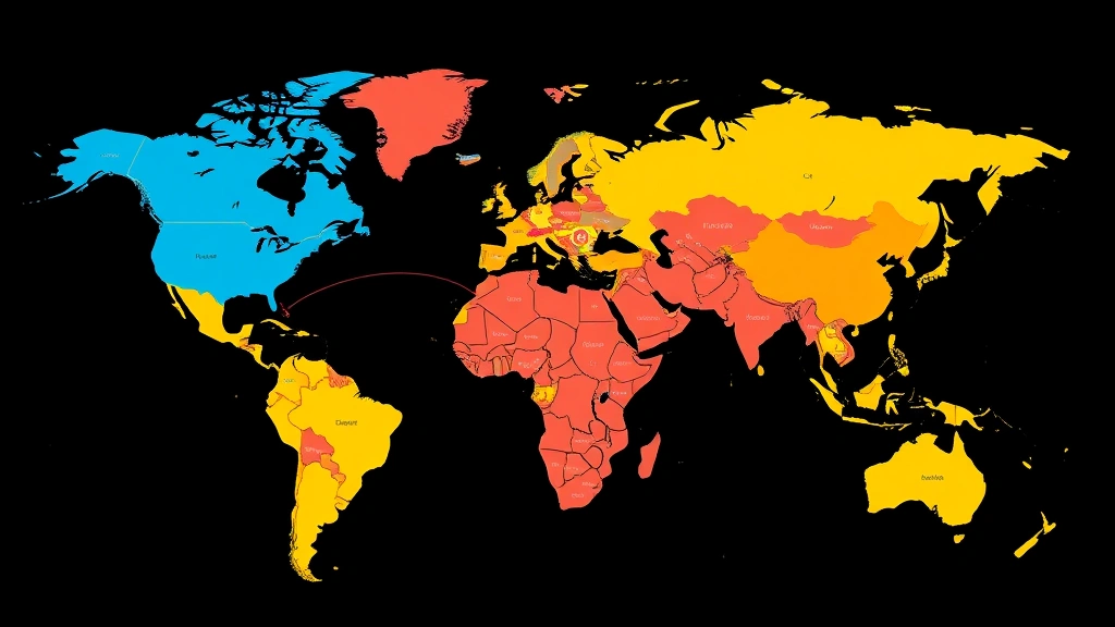 Global map showing different countries highlighted in different colors representing different Bitcoin regulatory approaches, with blockchain network connections between them, modern data visualization style, photorealistic digital art