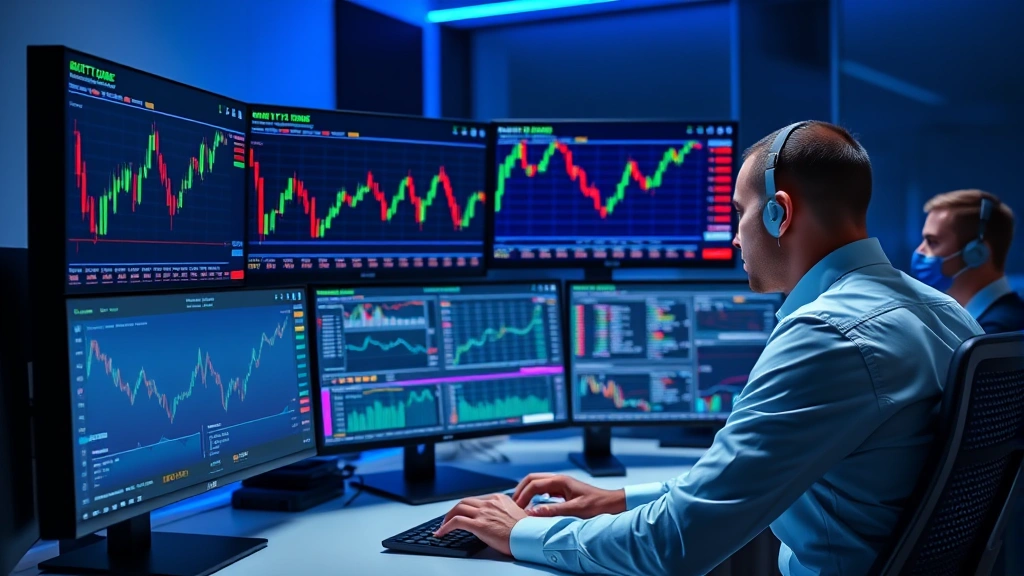 A professional trader at a desk with multiple monitors displaying Bitcoin price charts and alert notifications, cryptocurrency data visible on screens, modern office setting with soft blue lighting