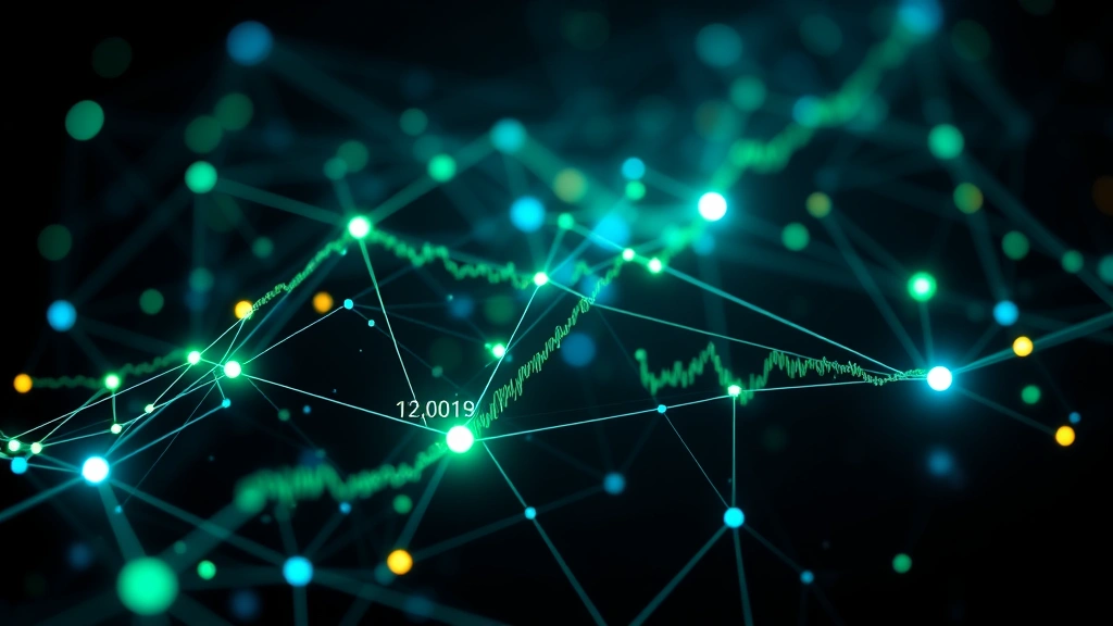 Abstract visualization of cryptocurrency network nodes and price data points connected by glowing lines, representing real-time Bitcoin price tracking and alert systems, dark background with blue and green accents