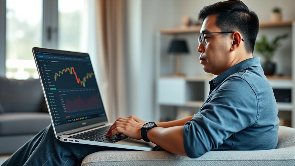 Photorealistic image of a Filipino investor studying Bitcoin price charts on a modern laptop with cryptocurrency exchange interface displayed, sitting in a contemporary home office with natural lighting, focused expression, no visible text or numbers on screen