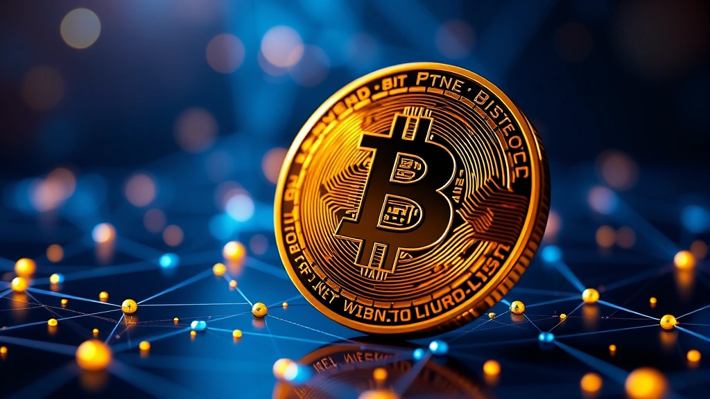 Close-up of Bitcoin coin with glowing digital network nodes and blockchain connections in background, photorealistic 3D rendering, deep blue and gold lighting
