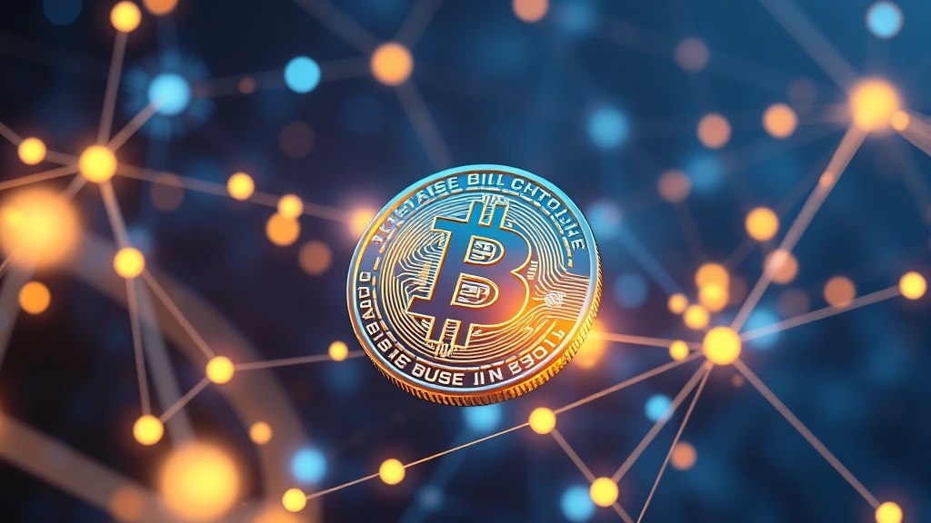 Futuristic digital Bitcoin coin floating in cyberspace with blockchain network nodes connected by glowing lines, ethereal blue and gold lighting, no text or numbers