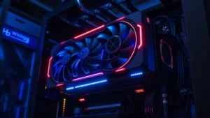 Photorealistic high-end computer graphics card (RTX 4090 style) mounted on a mining rig with LED indicators glowing, professional mining setup in dark room with blue ambient lighting, showing power connectors and cooling systems