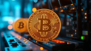 Photorealistic image of Bitcoin coin with halving theme, glowing digital effects, mining rig components blurred in background, blockchain network visualization, no text