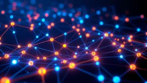 Digital visualization of Bitcoin blockchain network nodes glowing in blue and orange, representing decentralized cryptocurrency technology with interconnected pathways in three-dimensional space