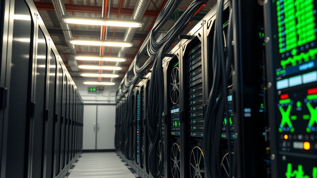 Professional Bitcoin mining facility with rows of ASIC mining hardware processing blockchain transactions under industrial lighting