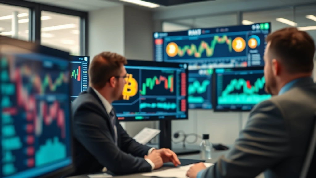 Institutional investors reviewing Bitcoin data on screens in modern office, charts and graphs visible but blurred, professional setting demonstrating mainstream adoption, no readable text