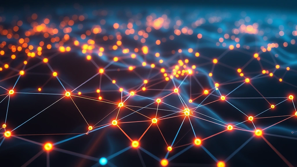 Bitcoin network visualization with interconnected nodes and glowing pathways, representing blockchain technology and distributed ledger system, abstract digital landscape, no text elements