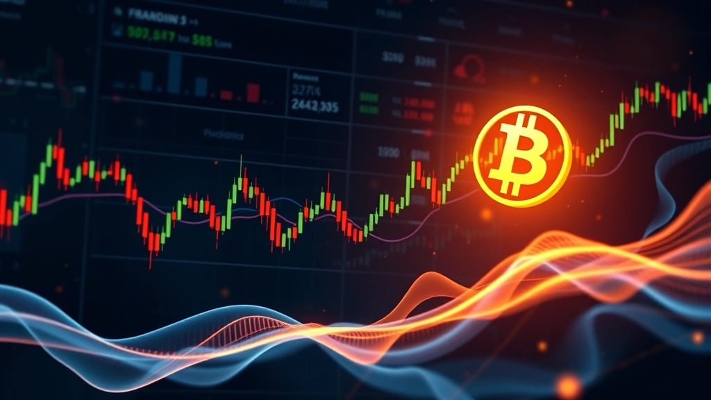 Abstract representation of financial markets with flowing data streams, candlestick patterns, and Bitcoin symbol integrated into digital landscape with charts and analytical elements