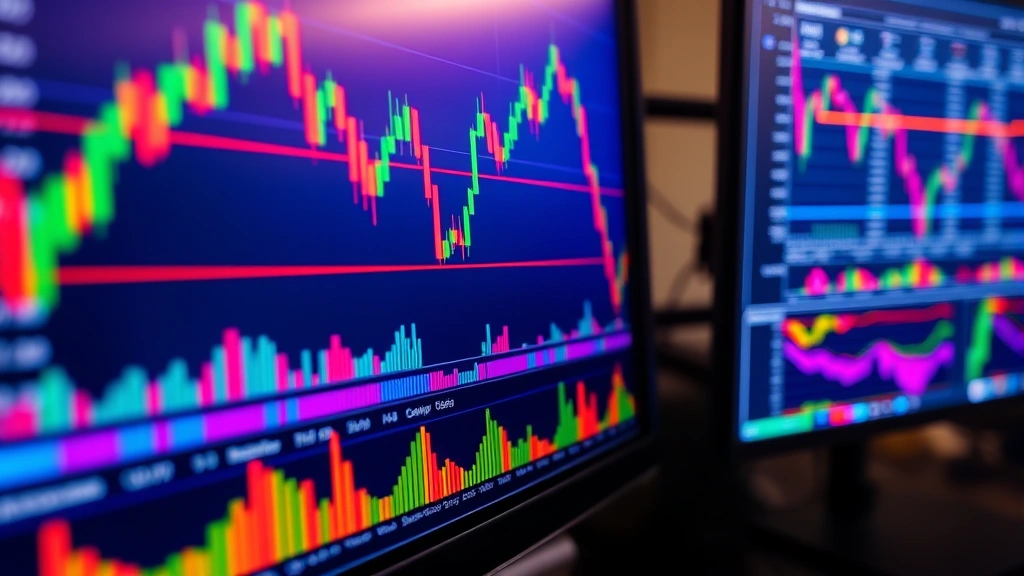 Detailed close-up of a computer monitor displaying colorful logarithmic price charts with rainbow bands and Bitcoin price movements, showing professional trading setup with multiple screens