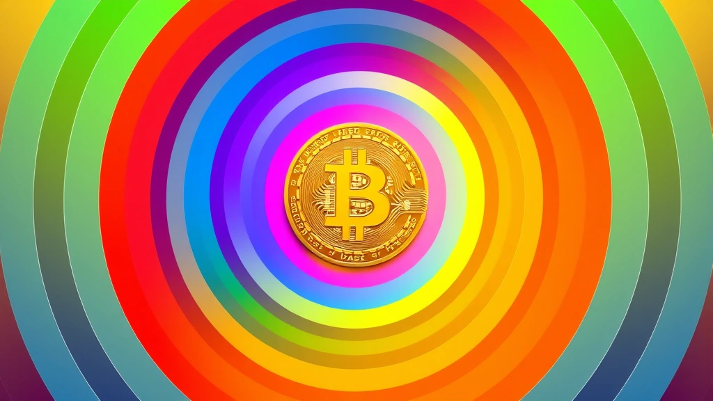 Abstract visualization of Bitcoin as a golden coin at the center of concentric rainbow-colored rings expanding outward, representing the Rainbow Chart's color bands and valuation zones