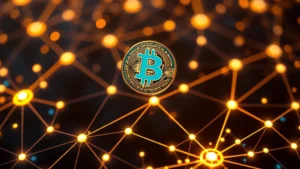 Futuristic digital Bitcoin coin floating above a glowing network of interconnected nodes and blockchain pathways, representing institutional investment and adoption in modern cryptocurrency markets