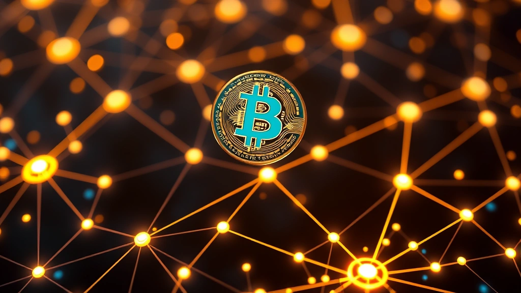 Futuristic digital Bitcoin coin floating above a glowing network of interconnected nodes and blockchain pathways, representing institutional investment and adoption in modern cryptocurrency markets