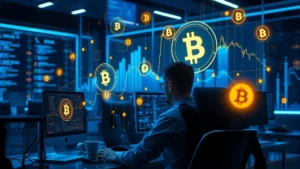 Photorealistic image of a person at a computer with holographic cryptocurrency charts floating in the air, blue and gold lighting, modern tech environment, no text or numbers visible