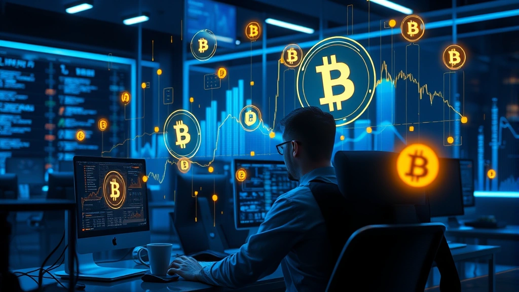 Photorealistic image of a person at a computer with holographic cryptocurrency charts floating in the air, blue and gold lighting, modern tech environment, no text or numbers visible