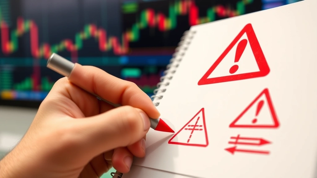 Close-up of a hand writing red warning signs and caution symbols on a notebook, with cryptocurrency symbols and trading screens blurred in the background, highlighting skepticism